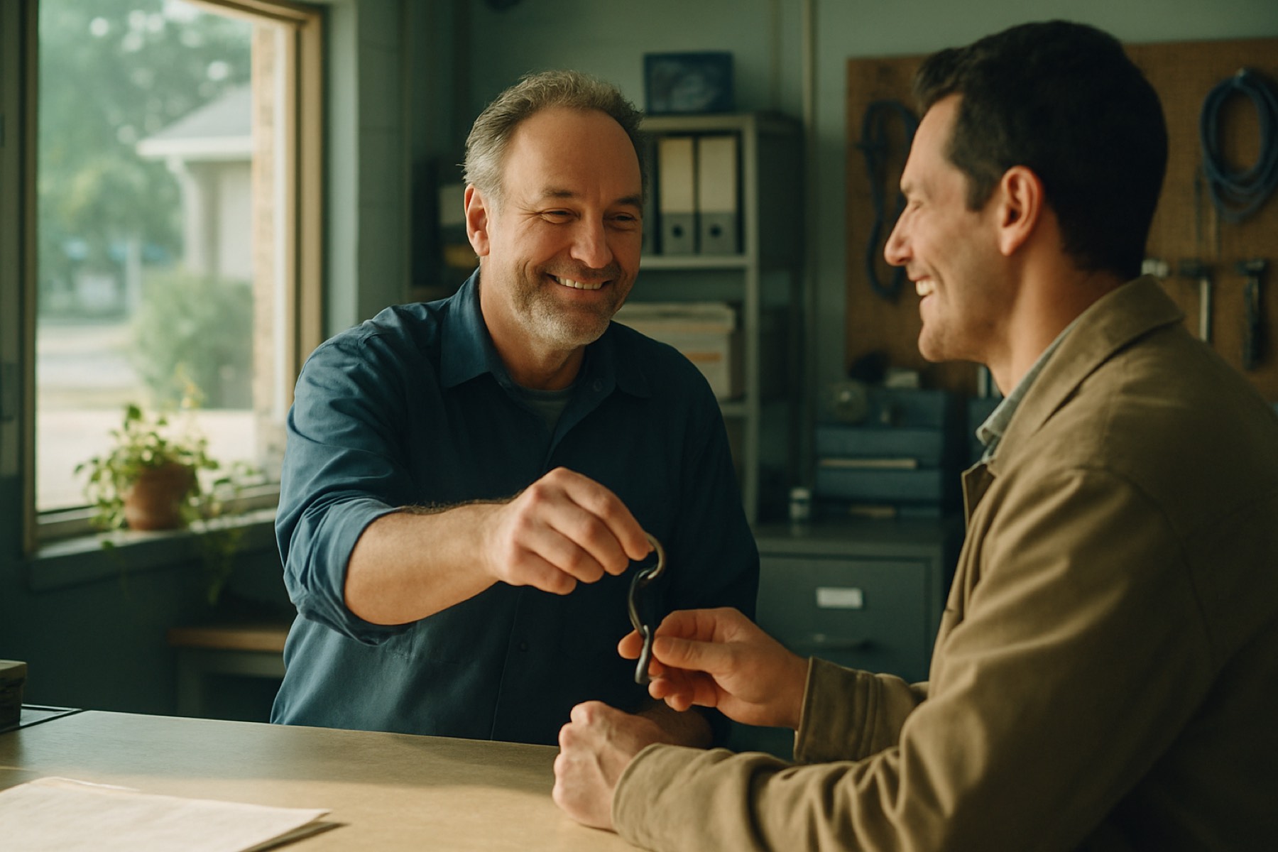 Handing keys back to a happy customer at the front counter