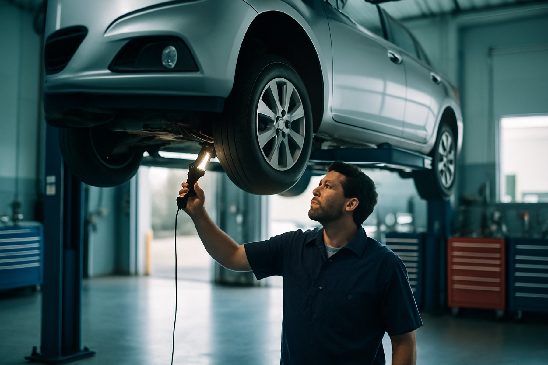 Mechanic inspecting a car on the lift at Chesapeake Auto Repair